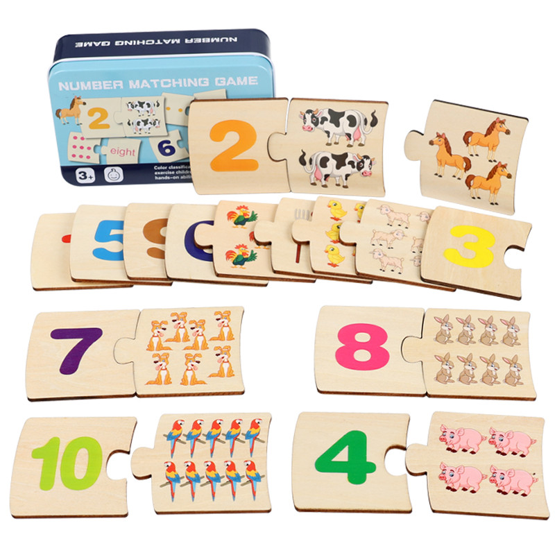 Board Game Enthusiast - 子供向け鉄箱ナンバー啓発ペアリング木製動物フードパズルボード論理的思考トレーニングゲーム知育玩具