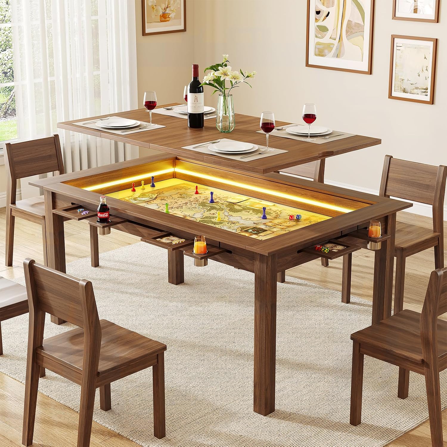 Board Game Yahtzee - ウォールナット製ボードゲームテーブル、RGB LEDライト、取り外し可能な天板、4～6人用ダイニングテーブル（カップホルダー付き）、長さ63インチ、カスタマイズ可能