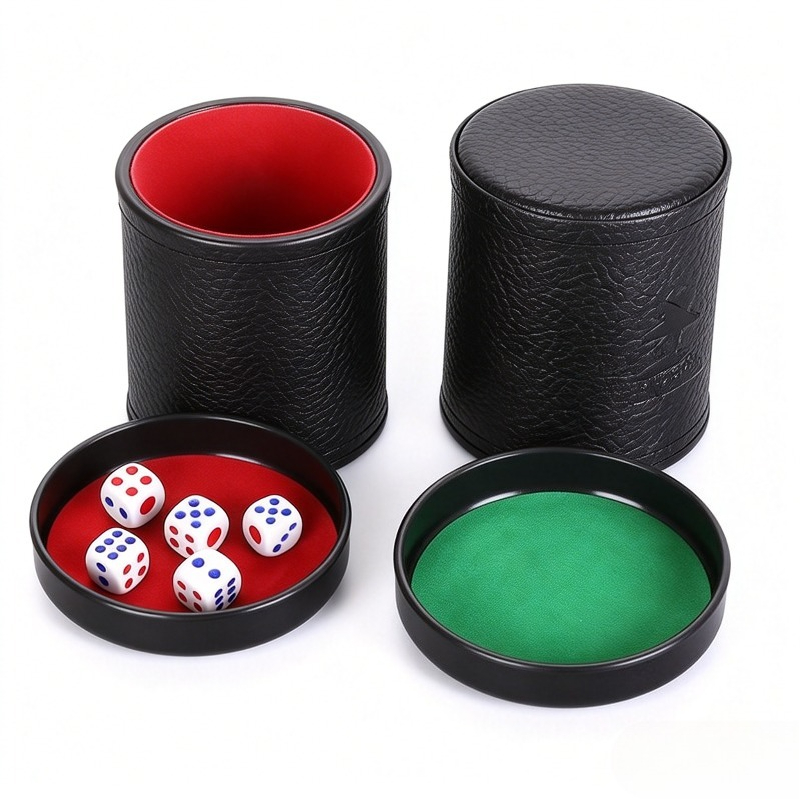 オレンジ、グリーン、レッドの革製ダイスカップ（蓋付き、内側裏 - Board Game Yahtzee のレビューと価格